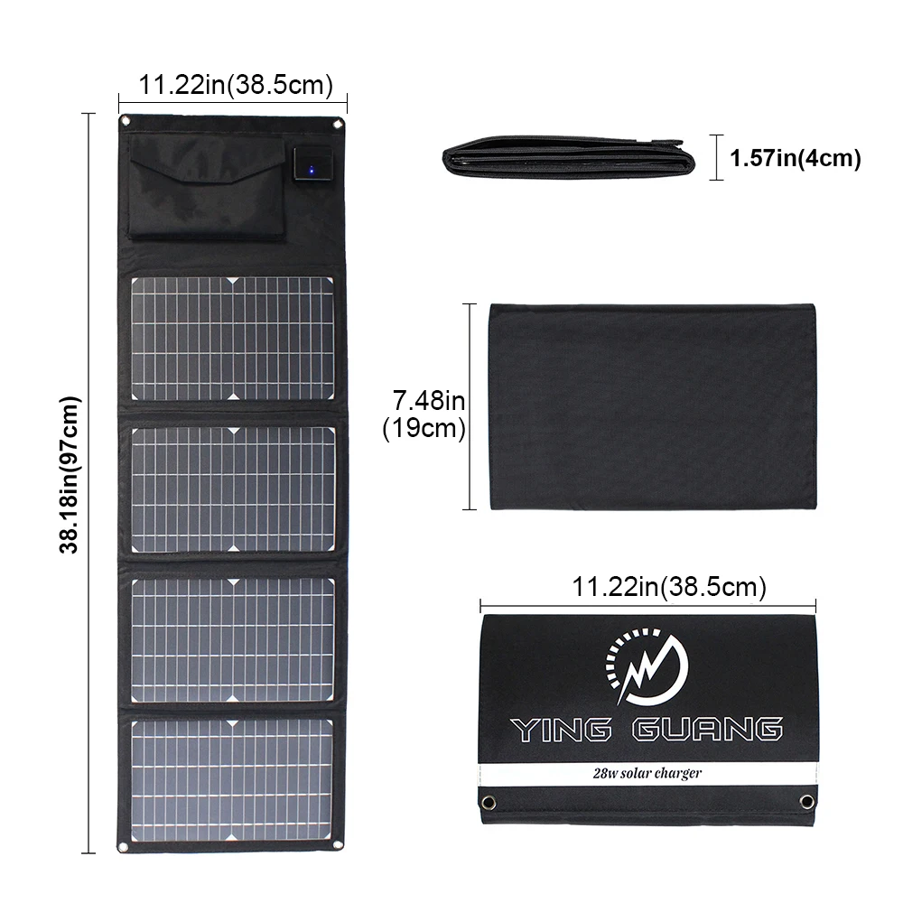 18V 28W Foldable Solar Panel USB Waterproof Portable Monocrystalline Outdoor Solar Charger for 12V Battery/Mobile/Power Bank