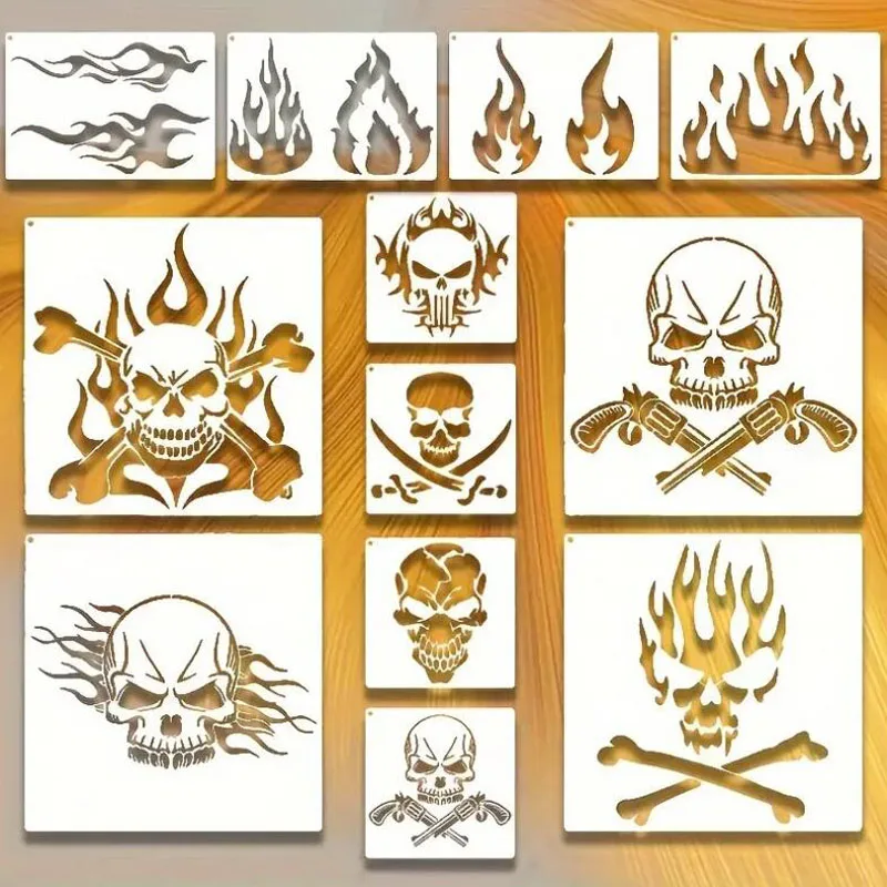 25*25cm Skull Flame Theme Stencils PET Hollow Leak Printing Board DIY Layering Furniture Wall Painting Template Decora Reusable