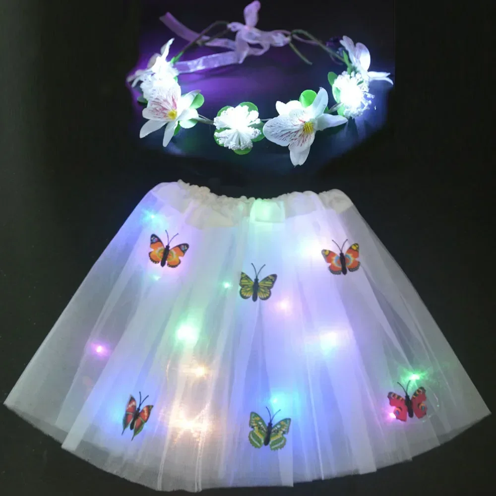 Women Girl LED Light Up Fairy Tutu Skirt Flower Headband Crown Gift Birthday Party Costume Wedding Festival Christmas Halloween