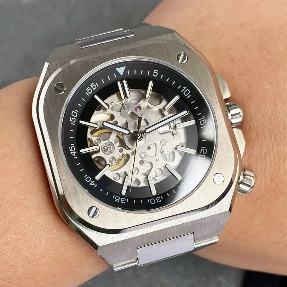 Tandorio New 42mm Fit NH70 Movement Square Sapphire Glass Automatic Mechanical Vintage Watch For Men White Skeleton Dial view 3
