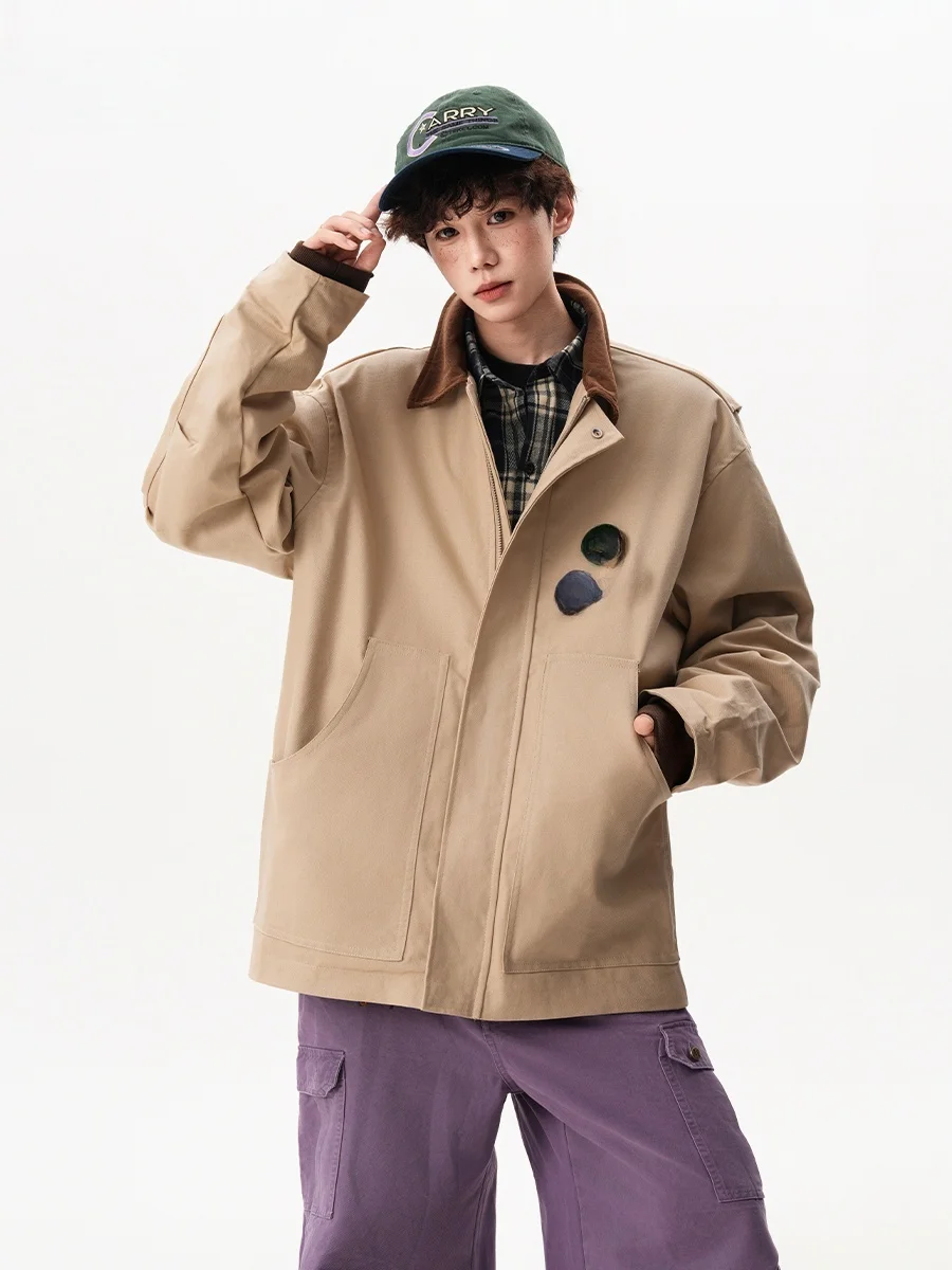

Khaki Deconstructed Patchwork Detroit Jaet Men's Women's Autumn Trendy Loose Couple Casual Baseball Outfit Coat
