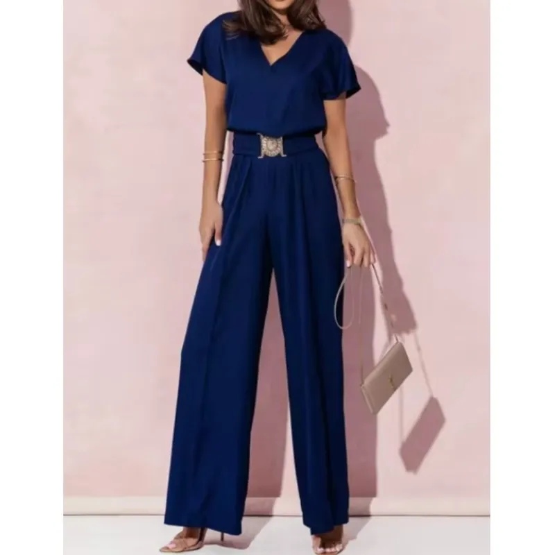 

Women's S-2XL size Spring Summer Women's Fashion V-neck Short Sleeve Jumpsuit Ladies Casual Belt Solid Color Jumpsuit