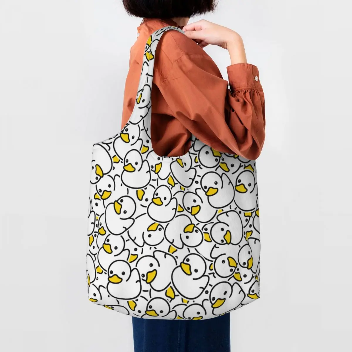 Custom Rubber Duck Bathing Cartoon Pattern Shopping Canvas Bags Women Washable Large Capacity Grocery Tote Shopper Bags