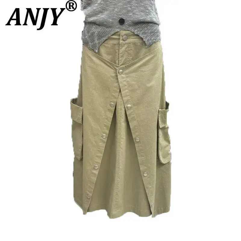 

ANJY Spring Summer New Women Design Stylish Fake Two Pieces Buttons Safari Style Slim A-Line Skirts Niche High Street Ins A23094