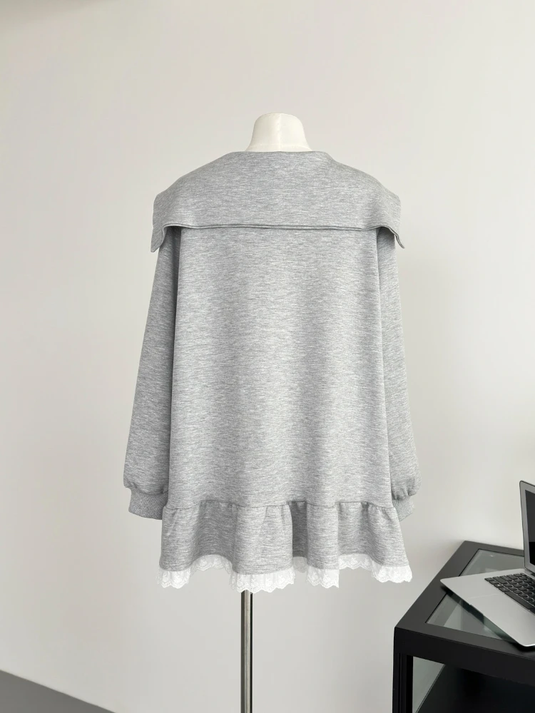 Academy Style Bow Lace Loose Casual Long Sleeve Gray Dress Women Sailor Collar Spring Sweet Girl Ruffled Sweatshirt Short Dress