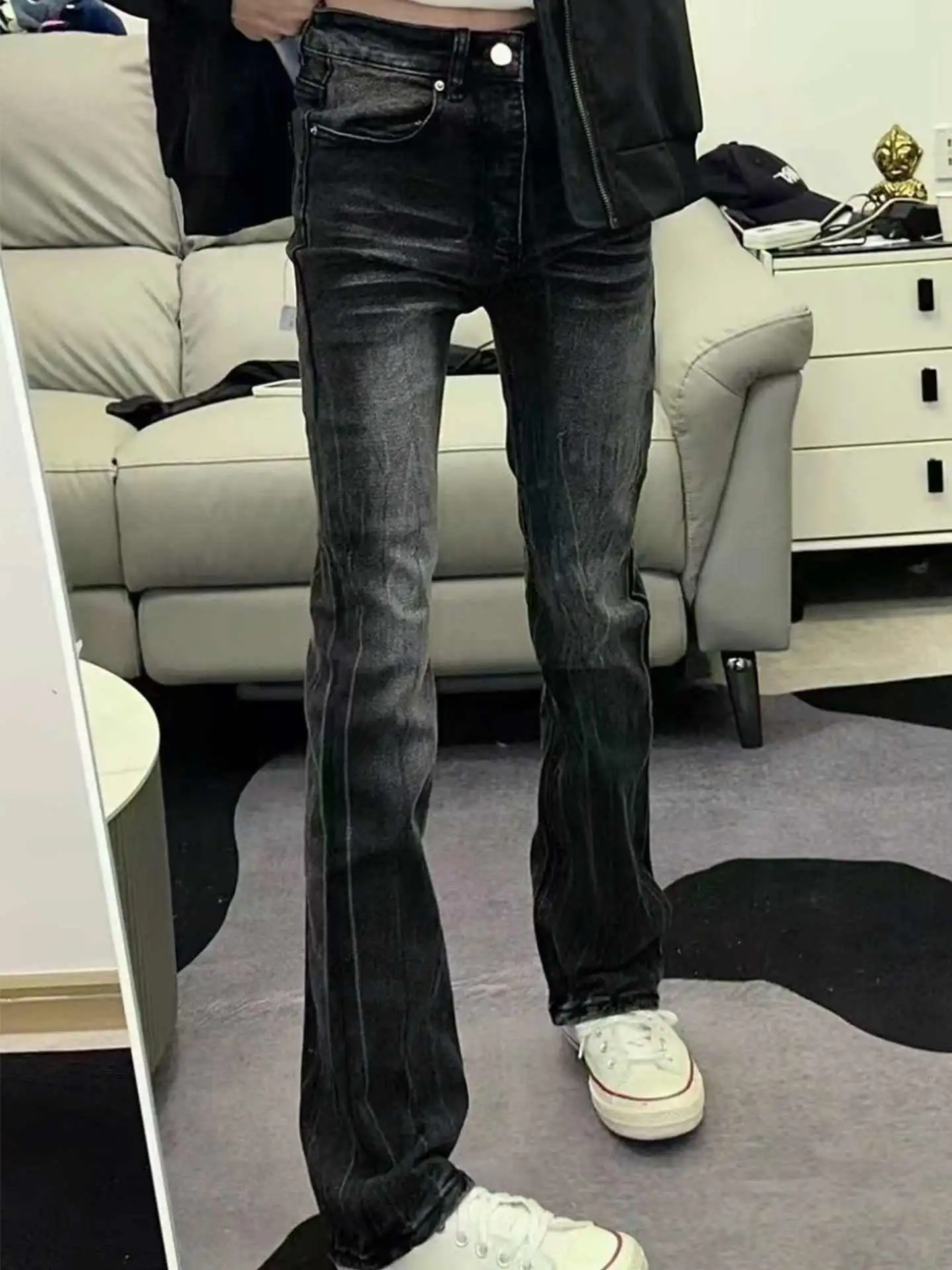 American High Street Heavyweight Washed Black Grey High-End Feeling Bell Bottom Elastic Jeans Men's Internet Famous Handsome ...