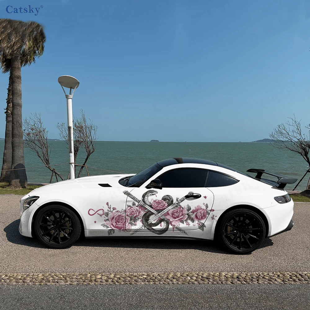 Swords Snakes Flower Car Side Sticker Decoration, PVC Waterproof Scratch Resistant Decal, Car Protection, Auto Accessories Gift