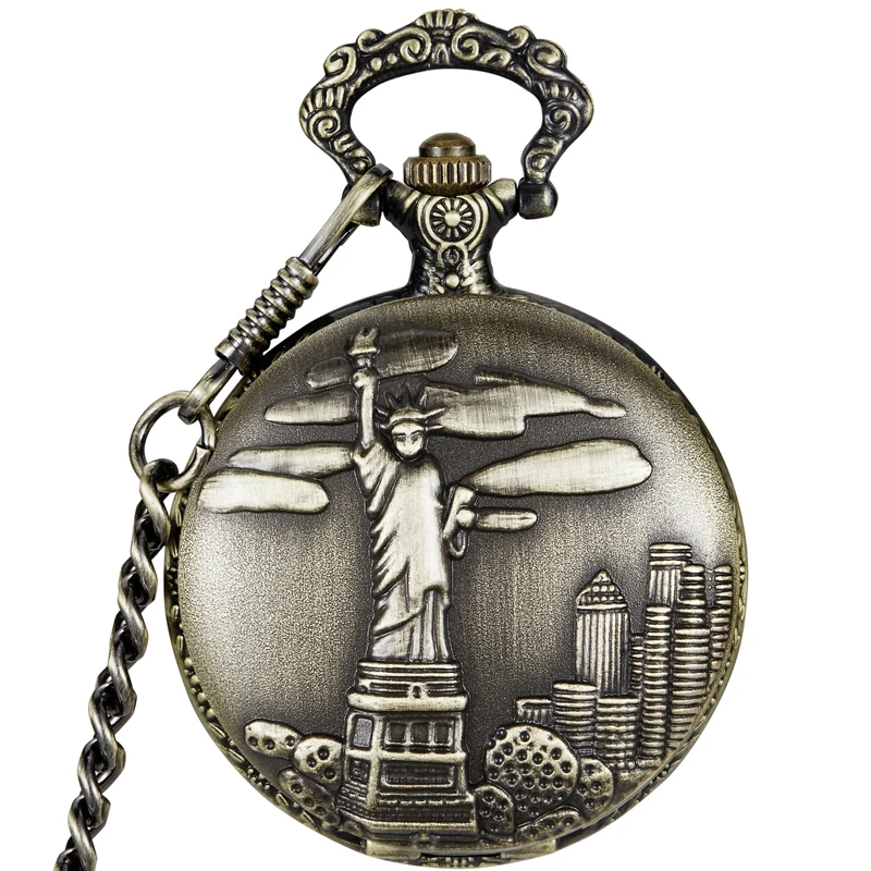 

Statue of Liberty Steampunk Mechanical Hand-wind Pocket Watch Hollow Roman Dial Skeleton Clock FOB Waist Chain Pocket Watch Gift