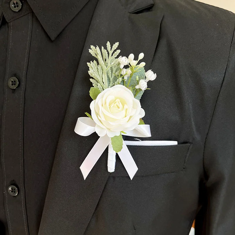 Boutonniere Wedding Flowers Artificial Silk Roses Wrist Corsage Bracelet Bridesmaids Men Buttonhole Guests Marriage Accessories