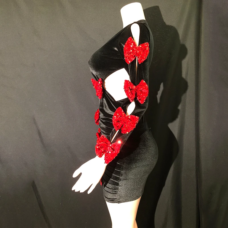 Robe de Soirée en Velours Noir à Paillettes Rouges pour Femme, Costume de Bal, Tenue de Spectacle sur Scène, XS7398