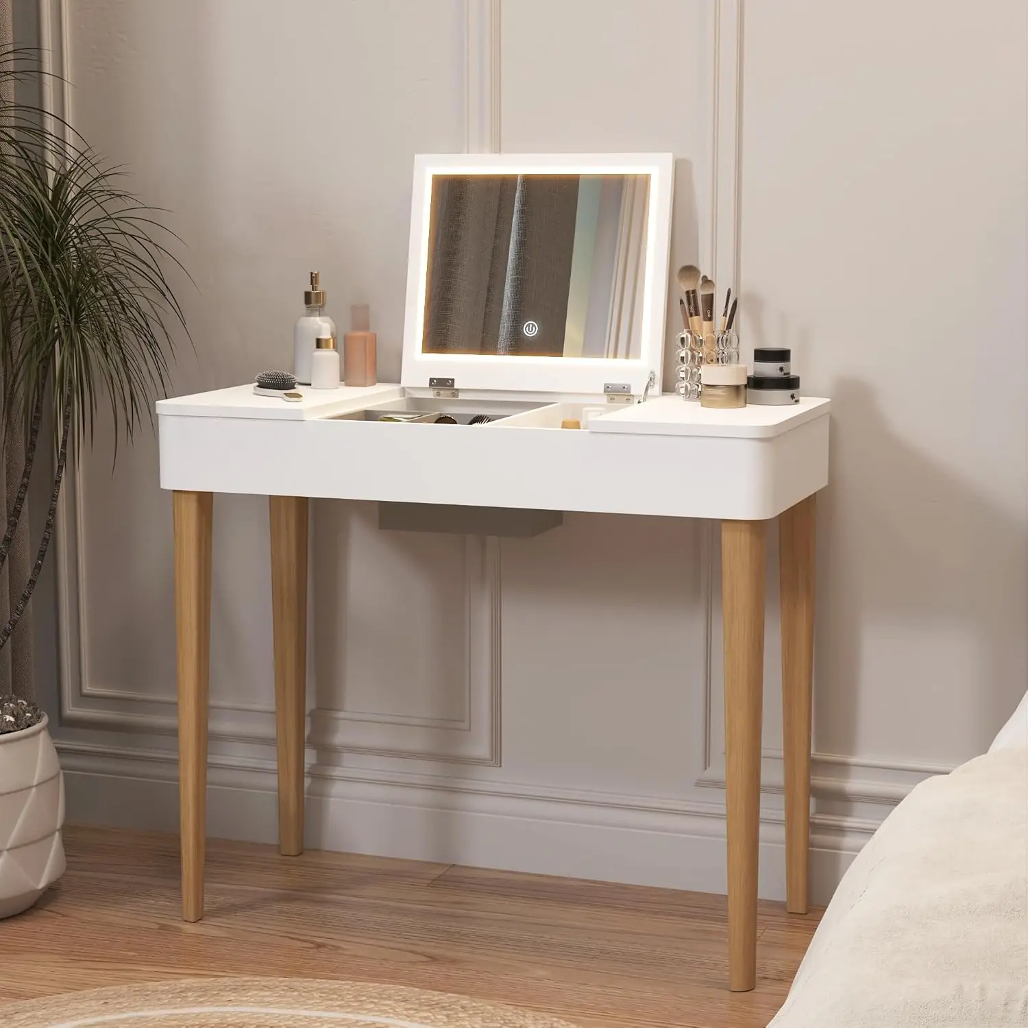 #Compact Flip-up Mirror Vanity Table Solid Wood Legs Deep Storage Side-Folding Shelves White Natural Finish