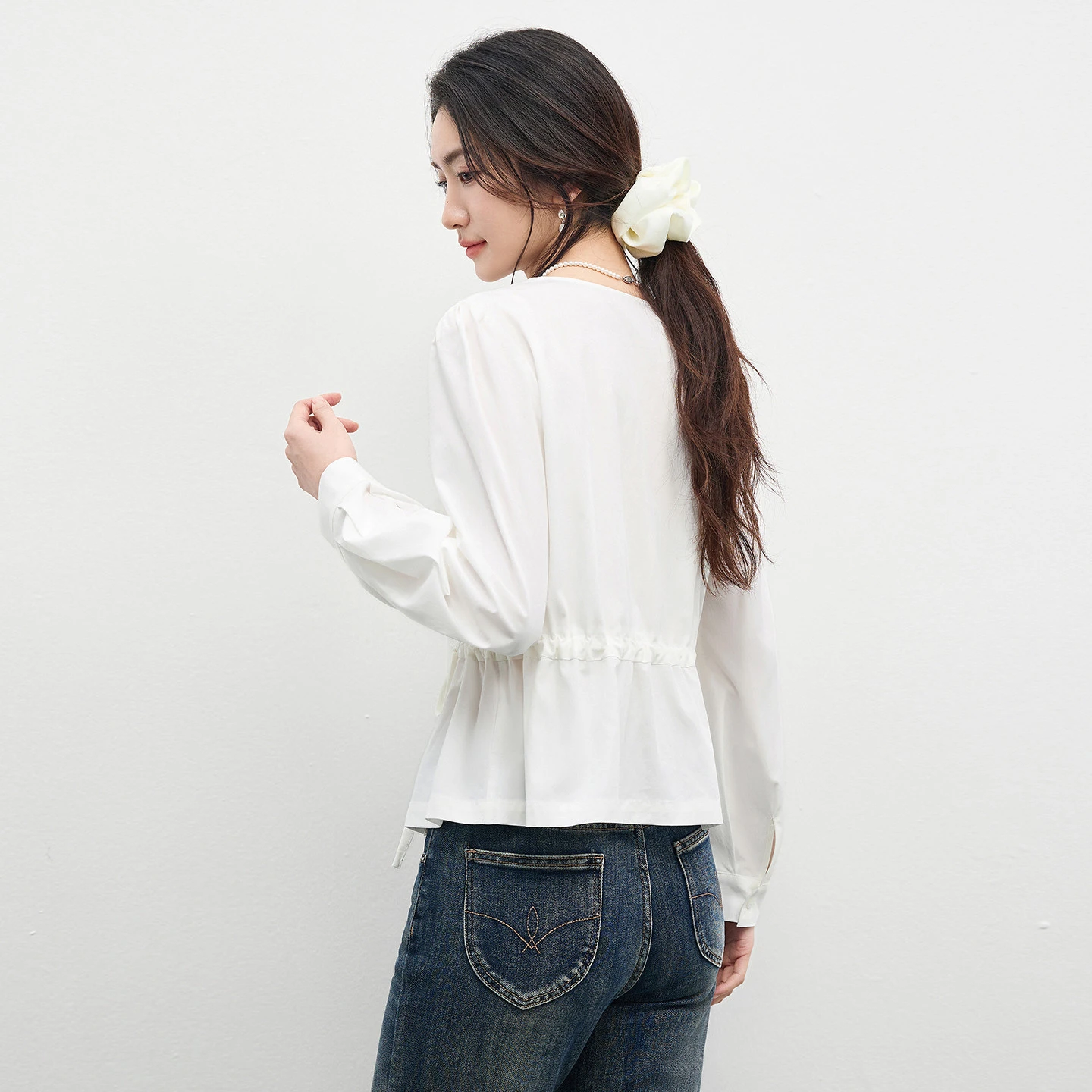 SENTUBILA Women's White Shirt 2026 Elegant V Neck Drawstring Splicing Flower Vine Lace Blouse Spring Commute Lady Tops 161CA5681