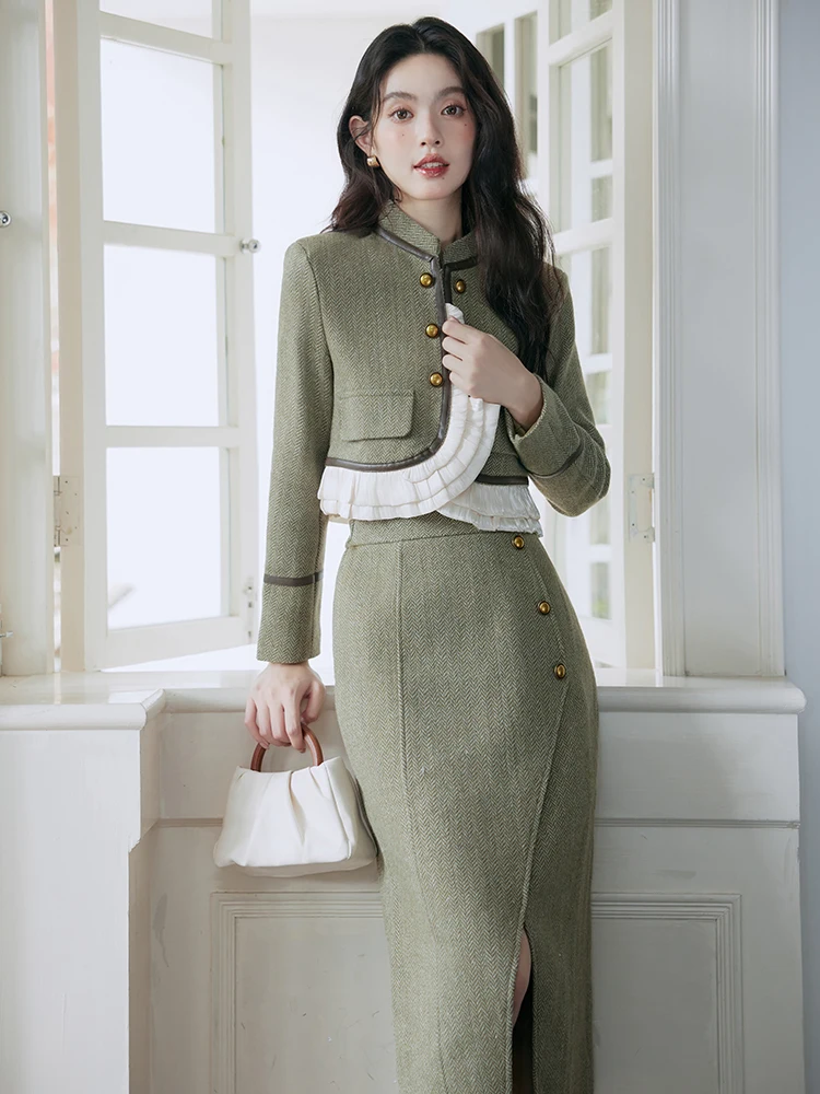 Korean Fashion Vintage 2 Two Piece Set Womens Outfits Autumn Long Sleeve Short Jacket Crop Coat+ Pencil Split Skirt Suits