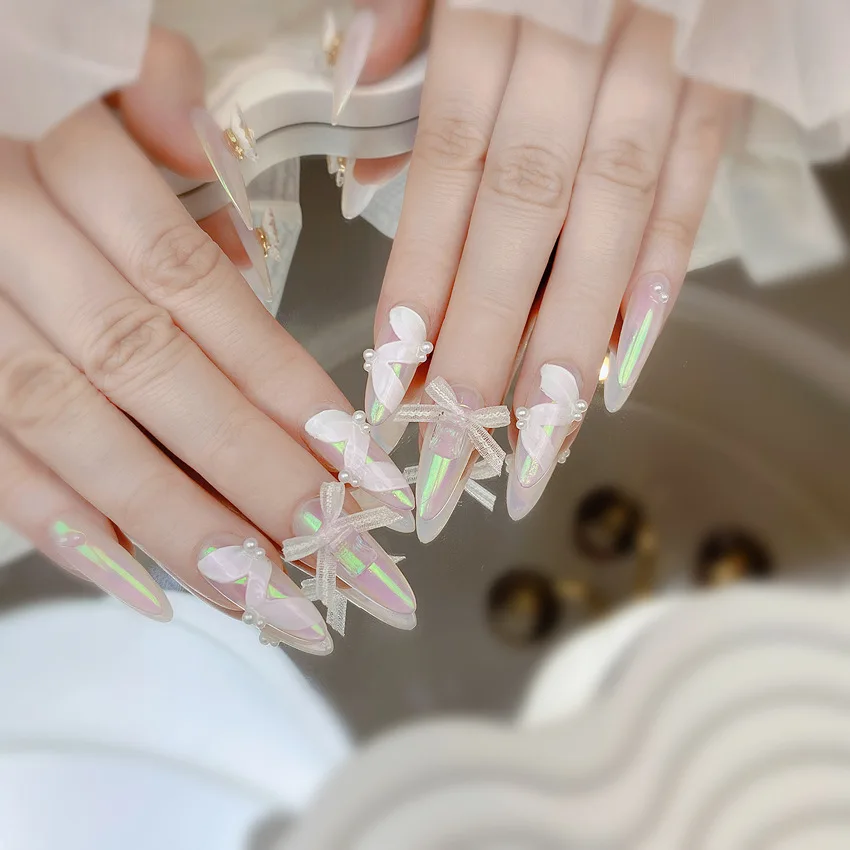 Purely hand-painted bow white moonlight False nails 10PCS