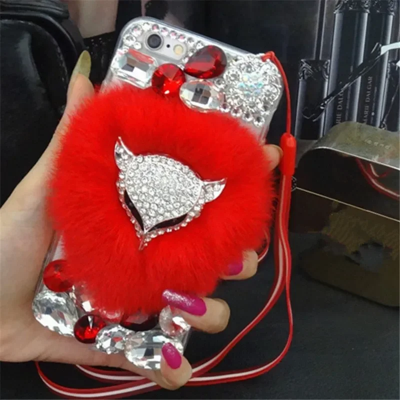 

Luxury Bling Diamond Fox Head Warm Rabbit Fur Phone Cover for iphone 15 Plus 14 16 12 13 16Pro MAX XS XR 16PLUS phone Case