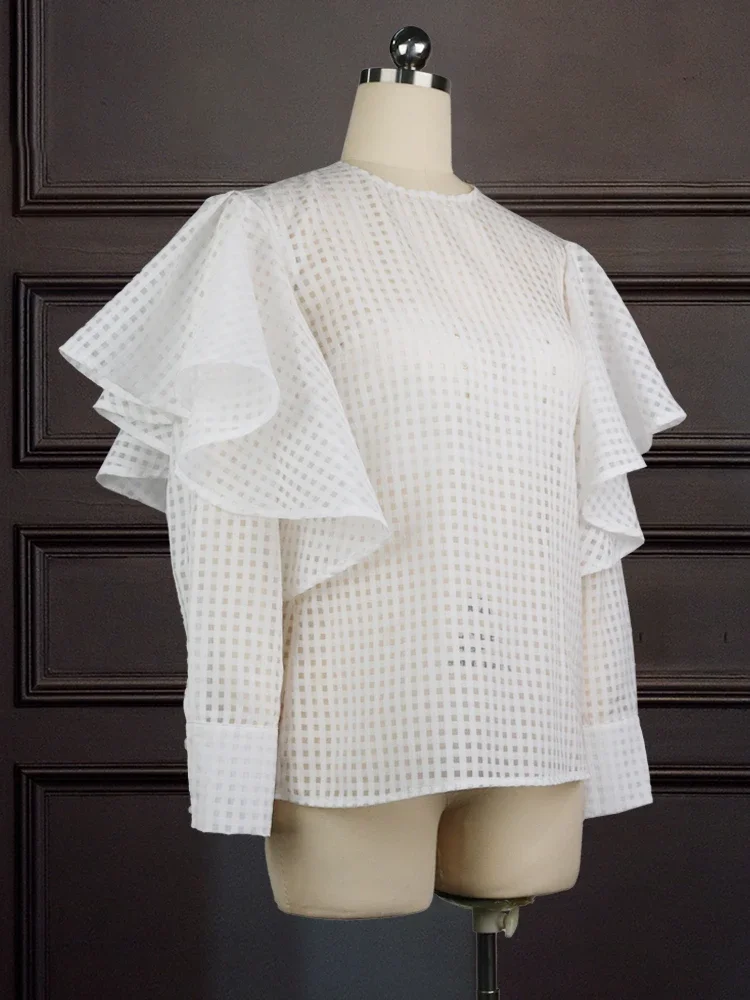 Women White Blouses Long Sleeve See Through Plaid Print Ruffle Tops Shirt Large Size Transparent Fashion Party Date Club Clothes