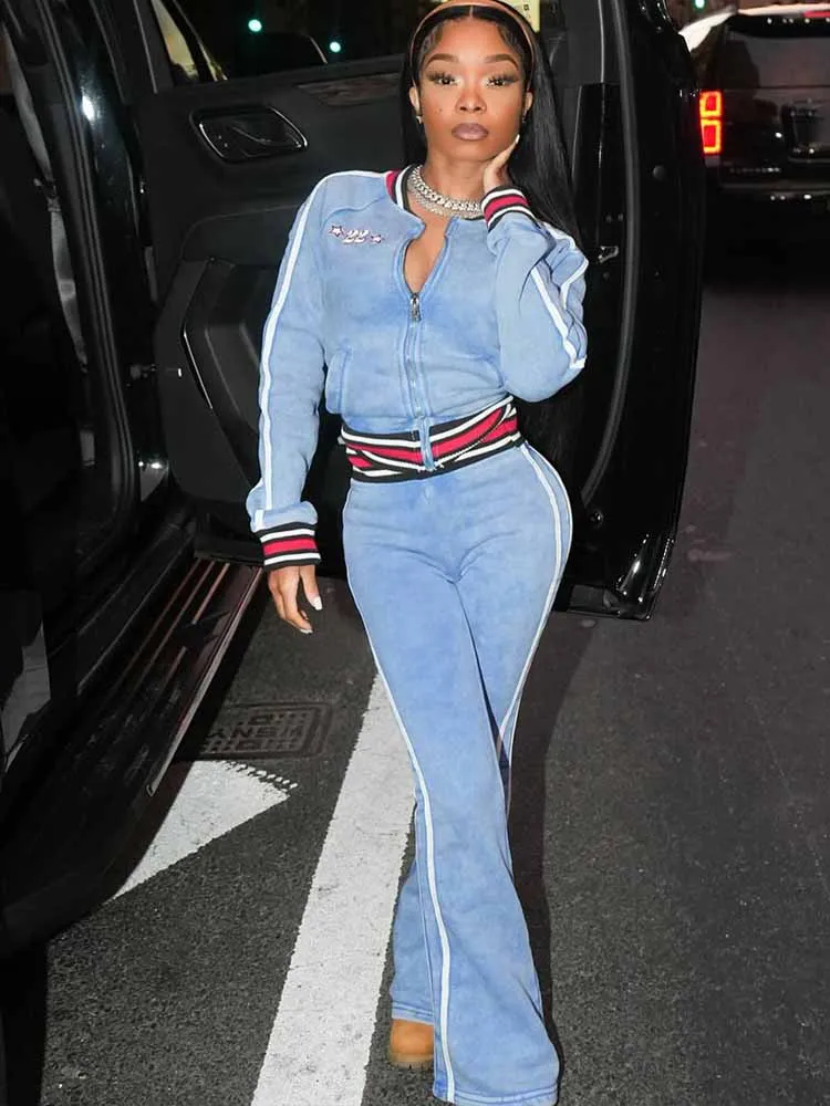 

NEW BKQU Tie Dye Women Tracksuit 2 Piece Set Casual Stripe Patchwork Long Sleeve Zipper Jacket+Flare Pants Matching Y2k Outfits