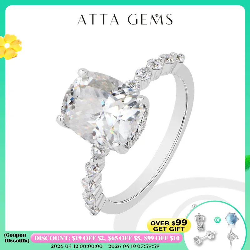 

Классическое кольцо ATTAGEMS Cushion Cut 4CT с муассанитом для женщин, серебро S925, позолоченное 18-каратное обручальное свадебное украшение, подарки для нее