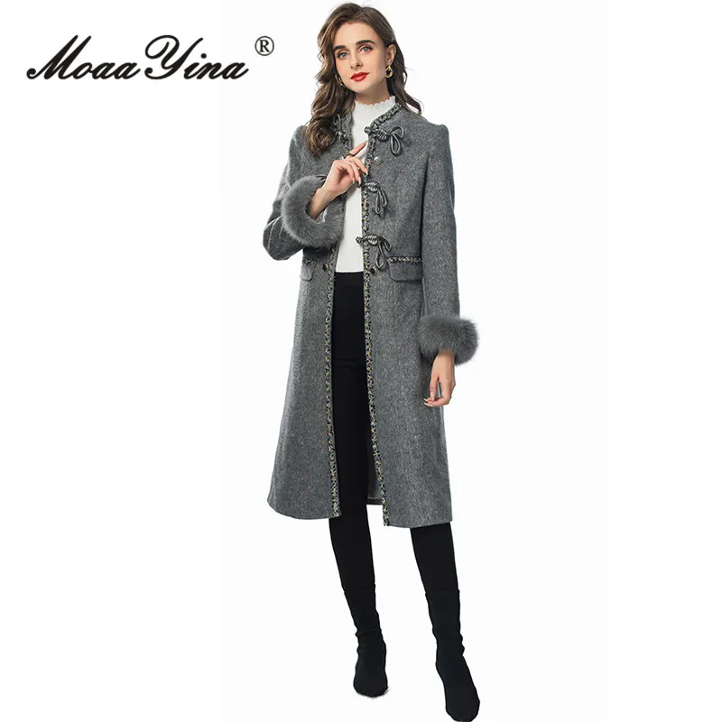 MoaaYina Autumn/winter Vintage Designer Coat Women Grey Stand Collar Single-breasted Pocket S-3XL Long Overcoat