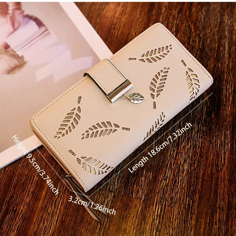 Cartera corta de mujer de piel sintética con diseño de hoja calada, tarjetero y monedero clásico, con cierre de hebilla y cremallera, tipo clutch, tamaño mediano