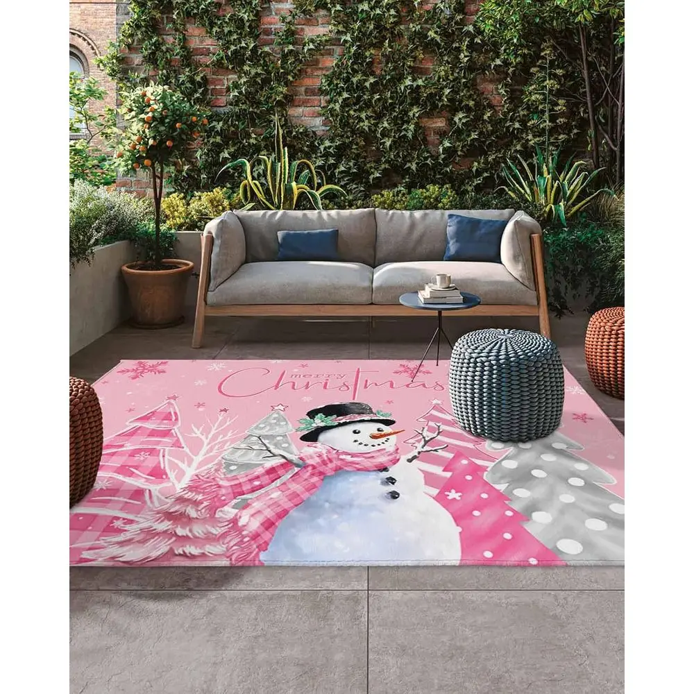 

5x8ft Pink Gray Christmas Tree Snowman Outdoor Rug, Winter Snow Scene Xmas Star, Indoor/Outdoor Floor Carpet for Patio, Deck, Po