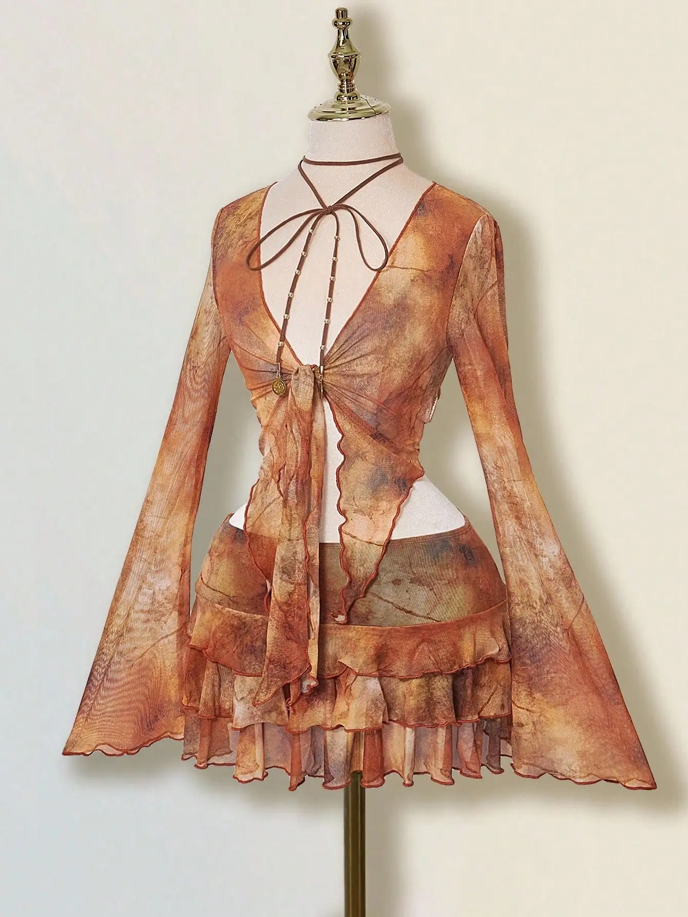 

Винтажный комплект из двух предметов: топ из сетки с эффектом потертости и многослойная юбка с рюшами для женщин