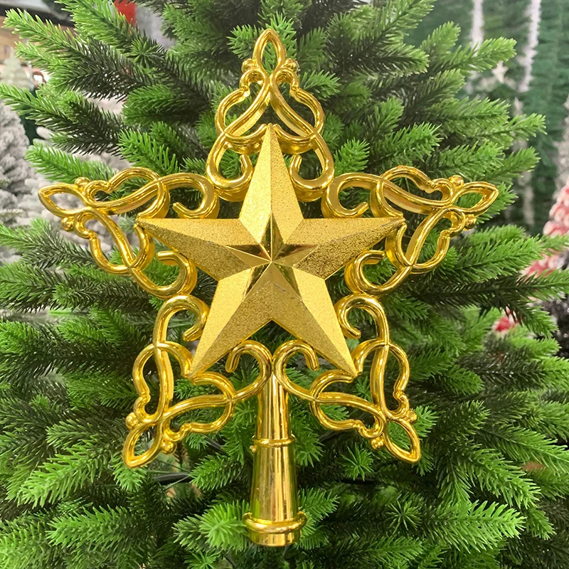 New Silver/Gold Three-dimensional Pentagram Christmas Tree Top Star Lace Hollow Five-star Christmas Tree Decoration Pentagram