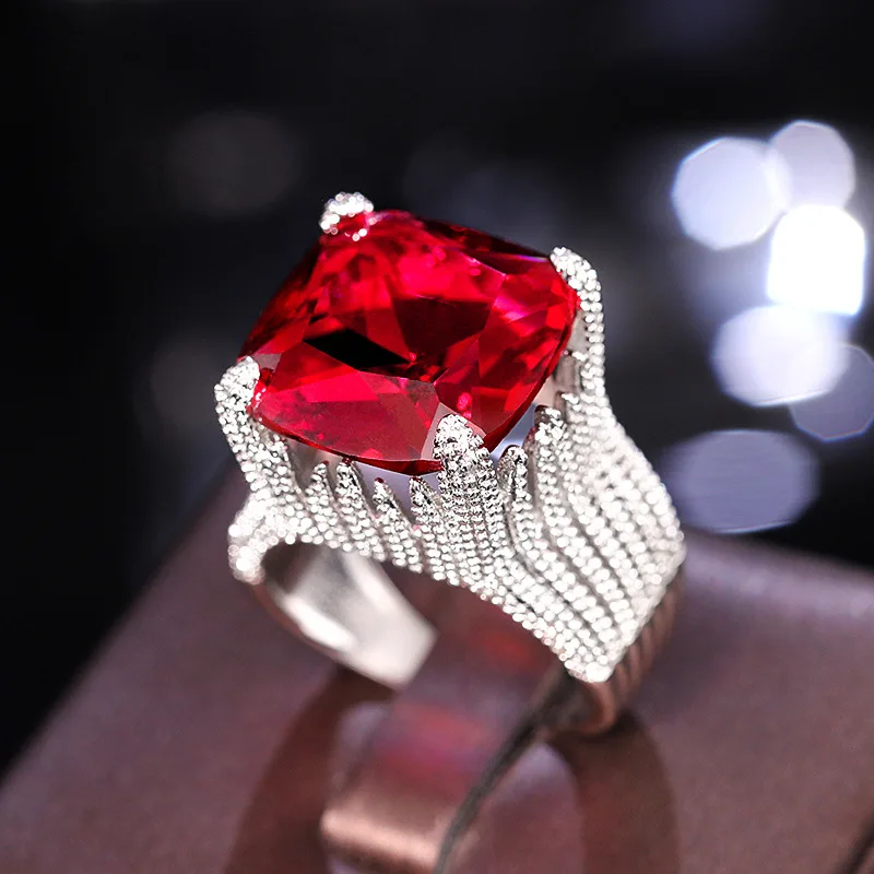 Shi-anillo rojo de lujo para mujer, anillo geométrico dominante, accesorios de estilo europeo y n, 2024