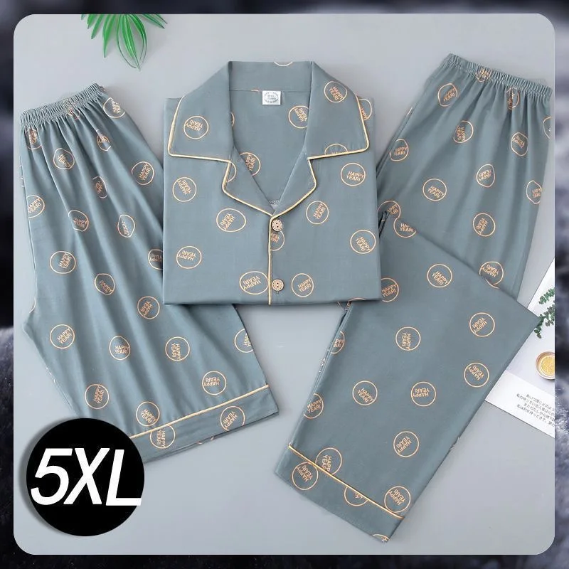 

Men's Three-Piece Pajama Set Summer Short Sleeve & Long Pants Thin Cartoon Plus Size Loungewear Soft Home Wear
