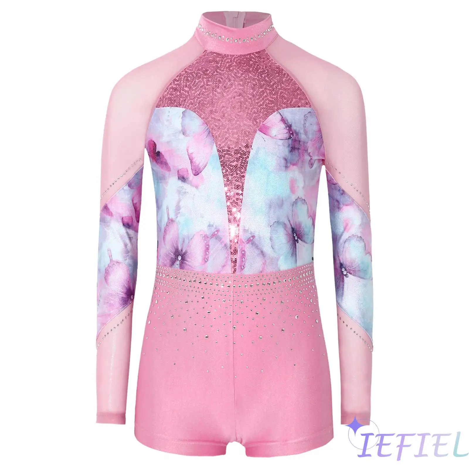 

Sparkly Rhinestone Sequins Leotard for Girls Long Sleeve Mesh Patchwork Back Invisible Zipper Bodysuit for Gymnastics Yoga Dance