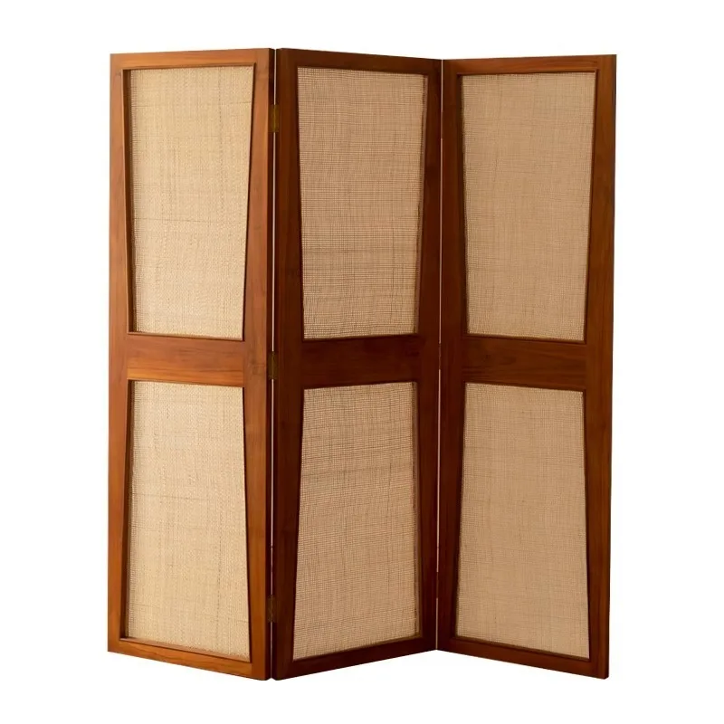 Retro solid wood folding screen, living room partition, entrance porch cover, solid wood rattan small apartment, Nordic movable