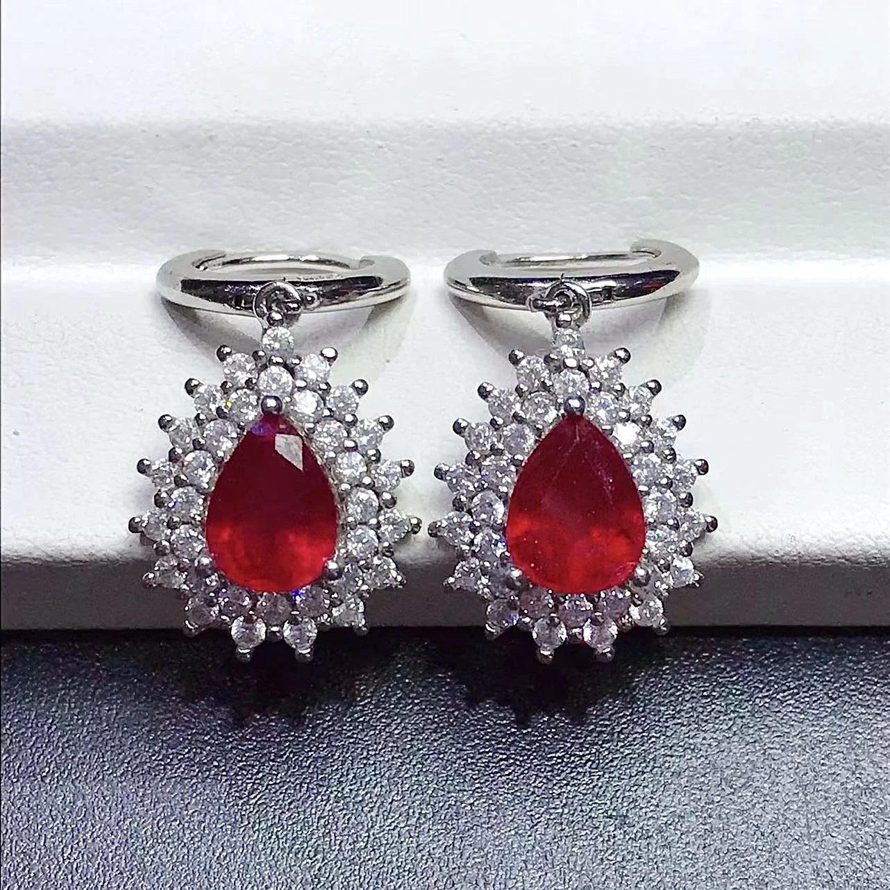 Natural Ruby Drop Earrings for Wedding 6mm*8mm Pear Cut Ruby Hoop Luxury Ruby Drop Earrings 925 Silver Ruby Jewelry