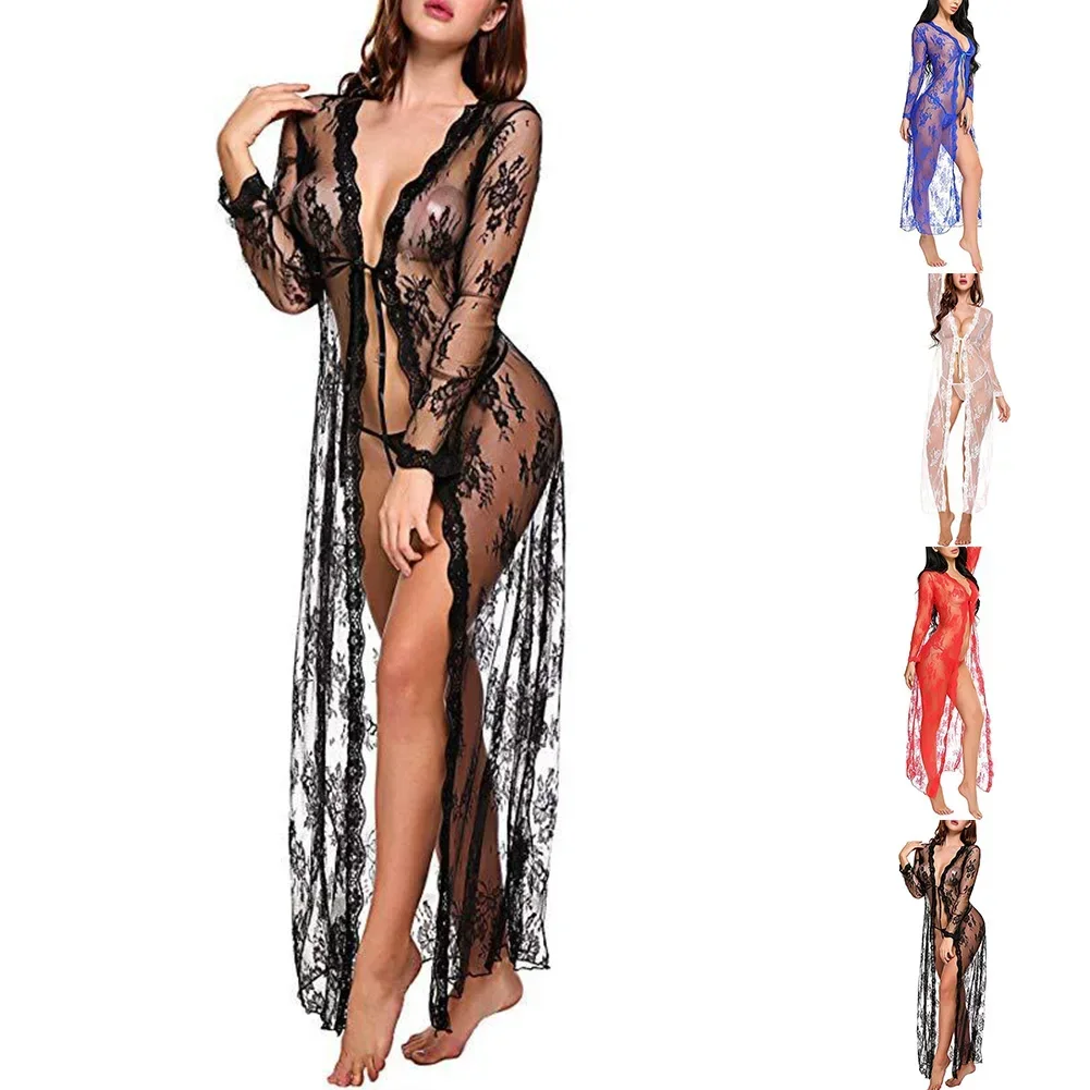 Alluring Lace Long Dress, Sheer See Through Kimono Robe Nightgown for Women, Sexy Lingerie, size, Assorted Colors