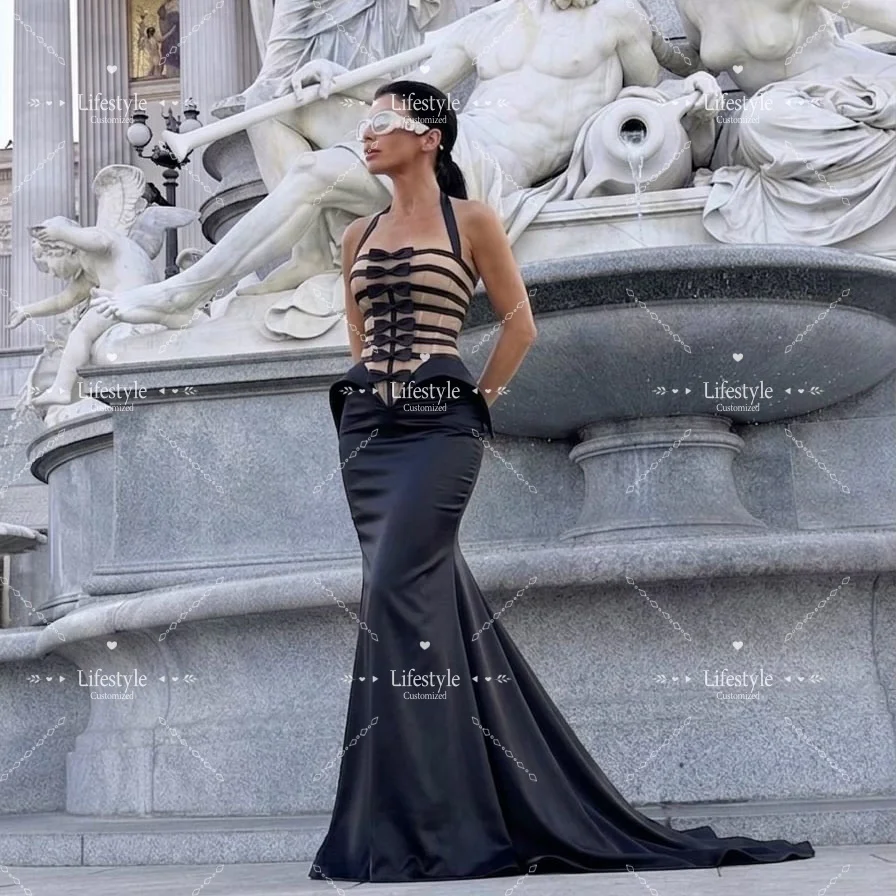 Customized Halter Mesh Bow Corset Black Satin Mermaid Formal Evening Dress Peplum Waist Long Train Elegant Party Dress