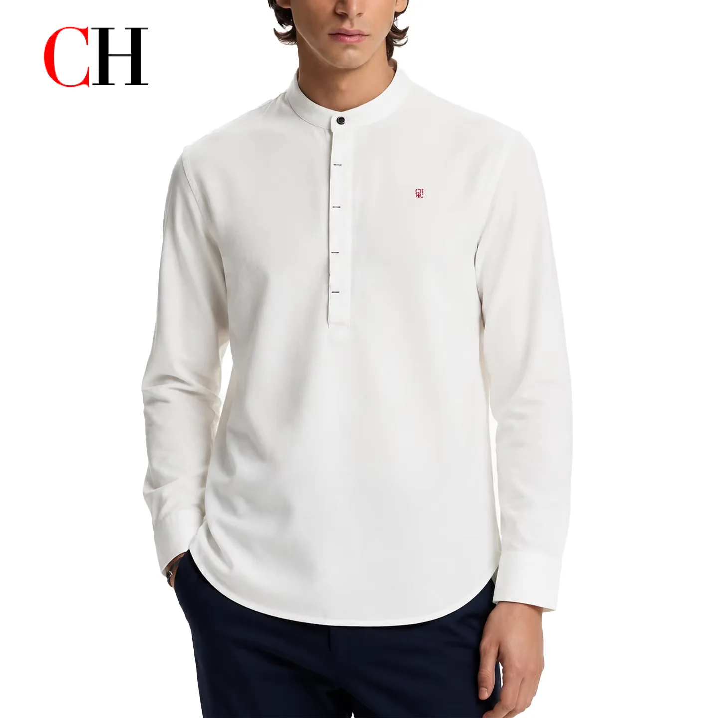 

CH Embroidered Long Sleeve Shirt Men Mandarin Collar Henley Placket Regular Fit Soft Fabric Versatile Casual Daily Office Tops