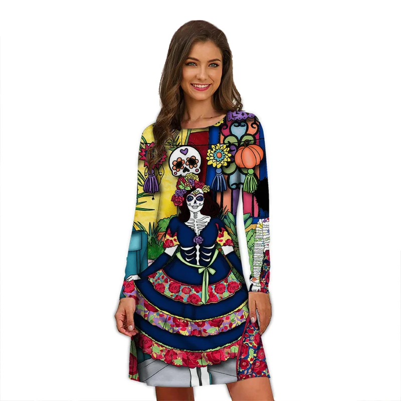 Mini vestido de festa de Halloween feminino, estampa caveira de horror engraçado, tamanho grande, streetwear casual, feminino, tendência, outono, inverno