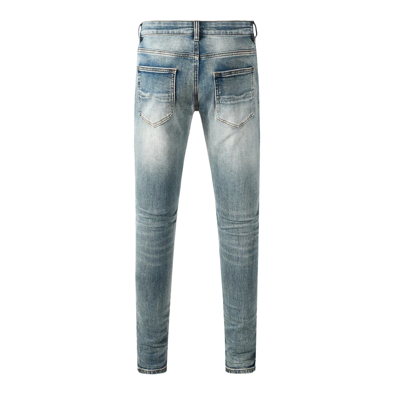 Fashionable new men's jeans with stretch, slim fit, perforated patch, light blue jeans, high street hip-hop brand pants