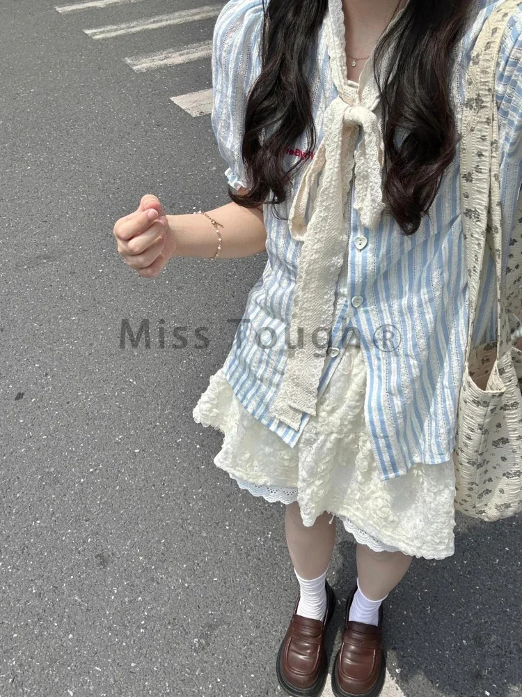 Sweet Girl Lace Bow Shirt 2 Piece Suit Women Y2k Patchwork Summer Elegant Skirt Sets Korean Fashion Striped Casual Set 2024 New