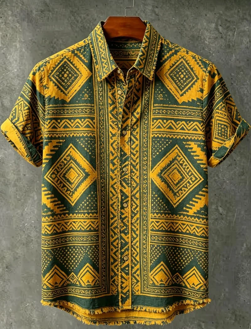 Men's Tribal Geometric Printed Vacation Short Sleeved shirt, For Leisure activities, Street travel, And Ethnic Vacation Styles