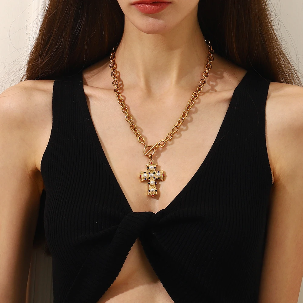 E.B.belle Vintage Style OT Buckle Blue Rhinestone Pearl Cross Pendant Necklace 18K Gold Plated Stainless Steel Neck Jewelry