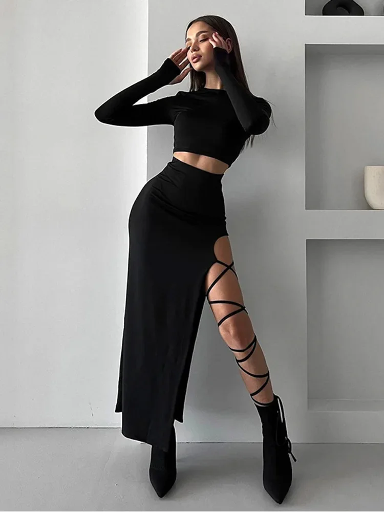 Fmxires Neue Pullover Langarm Einfache Crop Top Elastische Taille Halter Hohe Split Beinlos Sexy Krawatte Einfarbig Halb Rock Set