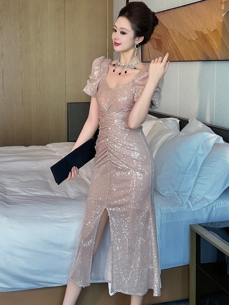 فساتين سهرة فرنسية أنيقة للمرأة بريق حلو لامع ترتر شق رداء سيدة حفلة عيد ميلاد خمر حفلة موسيقية Vestidos Mujer