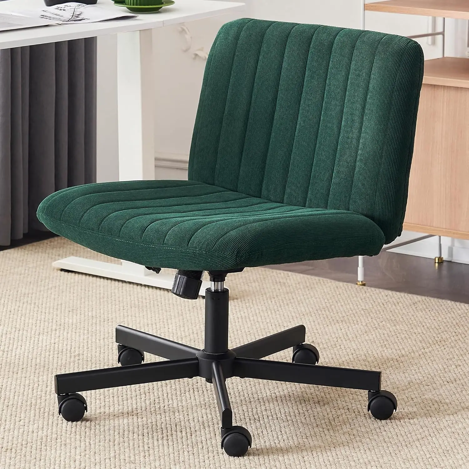 

Green Desk Chair with Wheels Criss Cross Seat Home Wide Armless Office Computer Chair Adjustable Swivel Side Vanity Chair Dark G