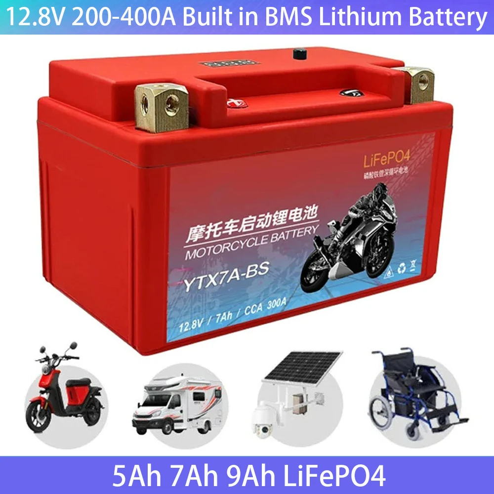 5Ah 7Ah 9Ah 12.8V LiFePO4 Motorcycle Battery Scooter Starter 200A-400A Built in BMS Lithium Battery Voltage Protection ATV