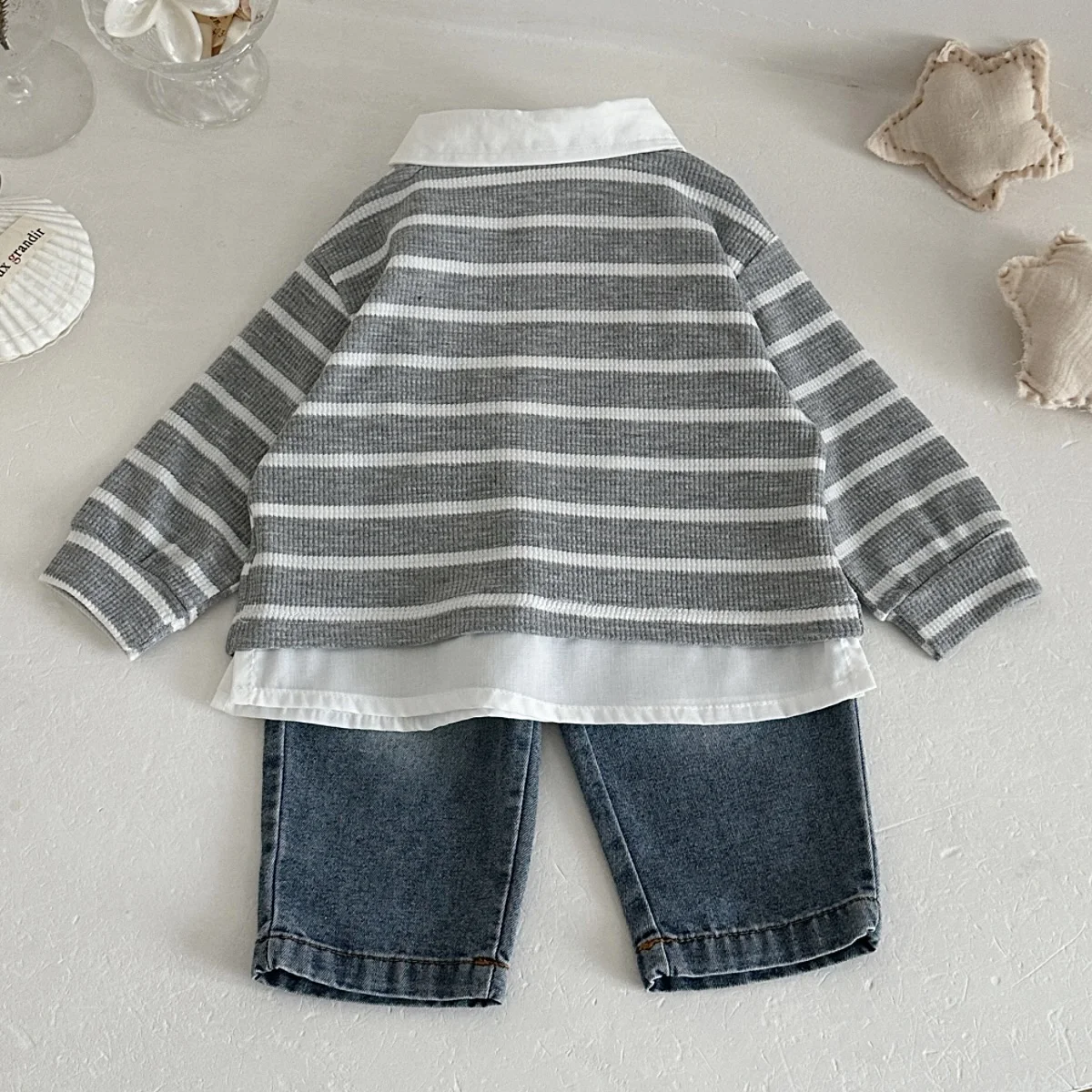 Toddler Boy Outfit Set Autumn, Fake Two Piece Striped Long Sleeve Top + Denim Pants Baby Boy Clothes Casual Wear