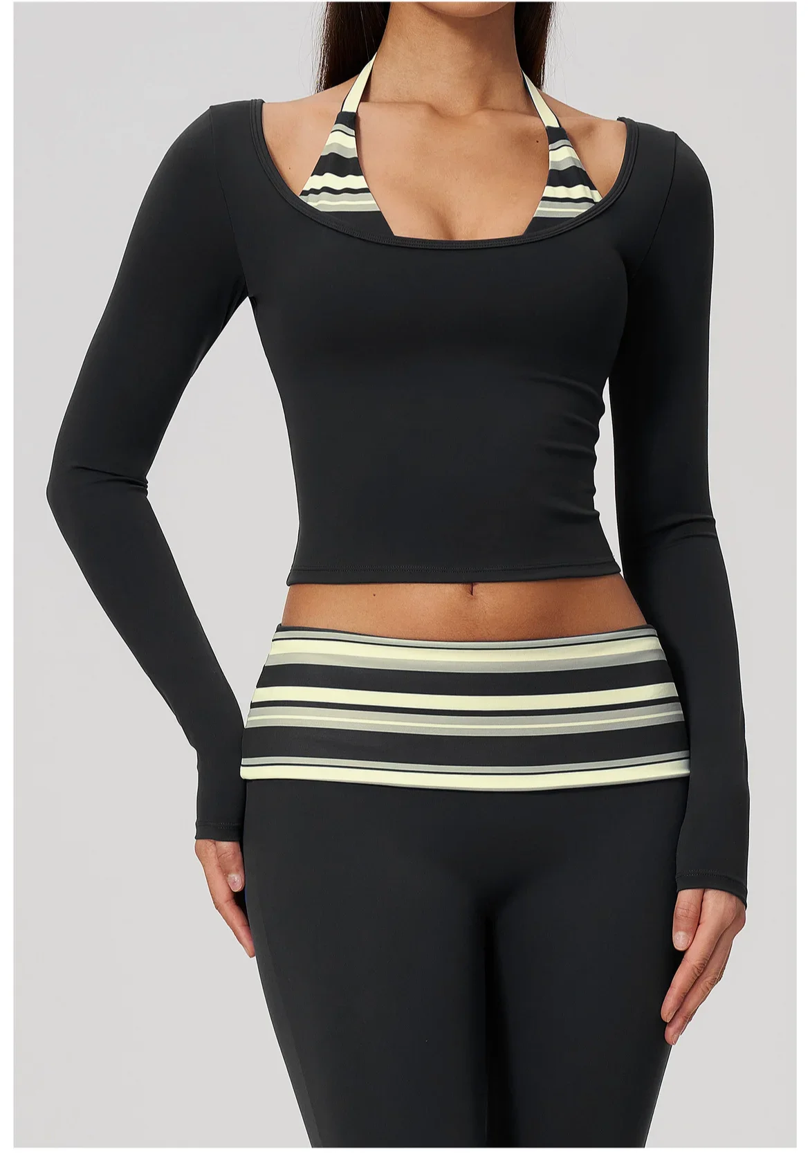 Yoga Langarm-Fitness-Top, Gym-Workout, Damen-Top mit Neckholder, Streifenmuster, kurzes, aktives Shirt, atmungsaktiv, für Sport und Training – Detail 23