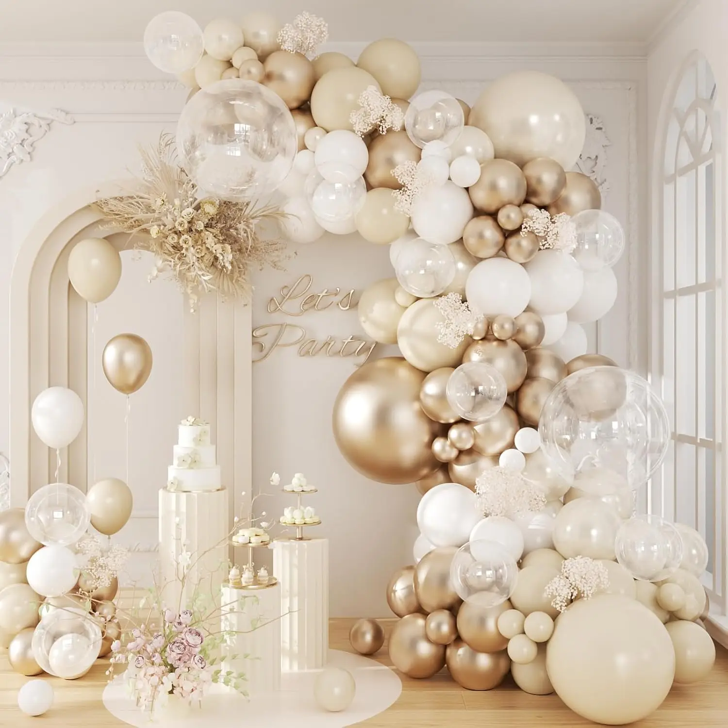 Beige white and gold balloon garland arch kit for birthday party decor