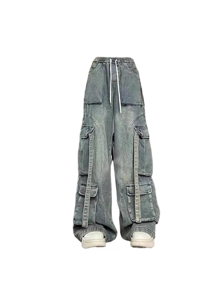 Women's Blue Cargo Jeans Vintage Y2k 90s Oversize Denim Trousers Emo 2000s Harajuku High Waist Cowboy Pants Trashy Clothes 2023