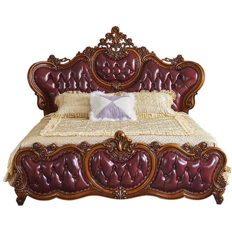 

European leather bed 1.8 meters full solid wood carving flower double bed wedding bed