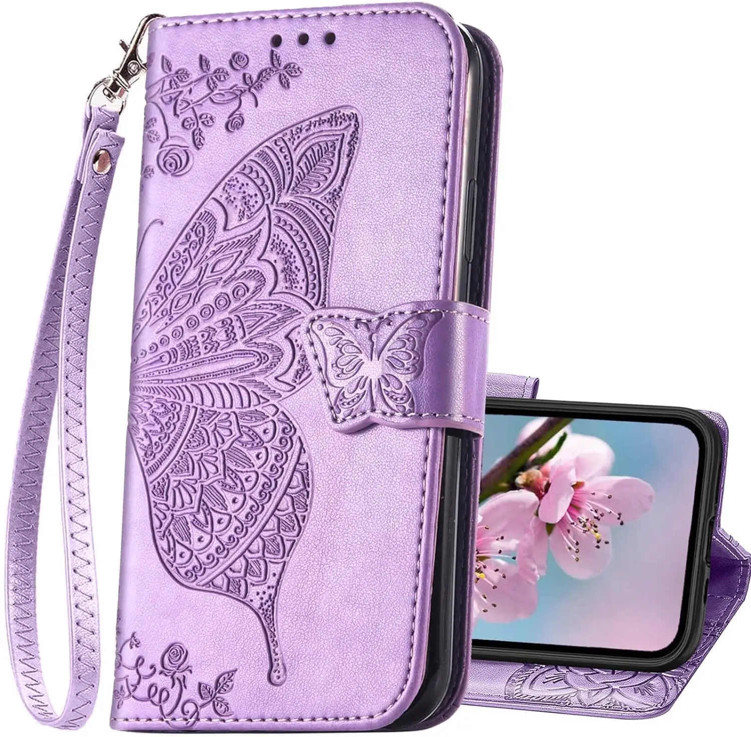 

Designed for iPhone 15 14 Wallet Case for Women,Butterfly Embossed PU Leather Flip Folio Cover Credit Card Holder Slots Stand